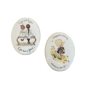 Vintage 1970's Holly Hobbie Wall Plaques Oval Ceramic Set of 2 Friendship